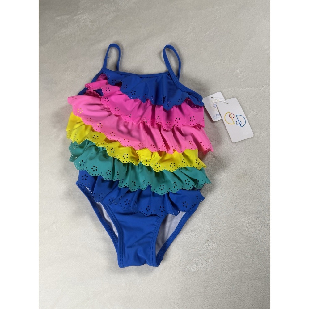 Flapdoodles Girls Size 5 Rainbow Ruffle One Piece Swimsuit UPF 50+ NWT